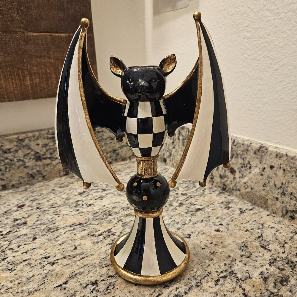 RARE MACKENZIE CHILDS HALLOWEEN BAT COURTLY CHECK FALL TAPER CANDLE HOLDER